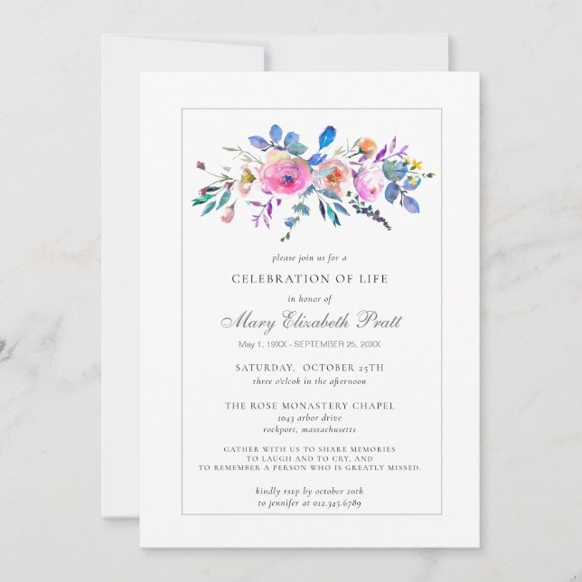 Celebration of Life Funeral Memorial Pink Floral Invitation (Front)