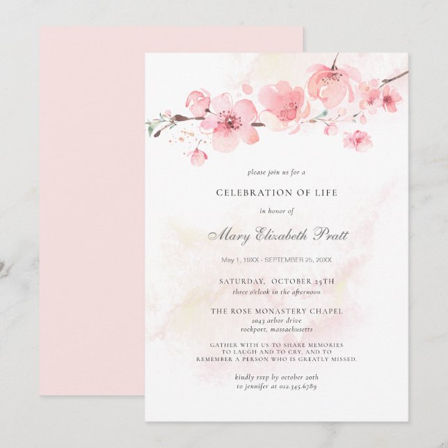 Celebration of Life Funeral Memorial Pink Floral Invitation (Front/Back)