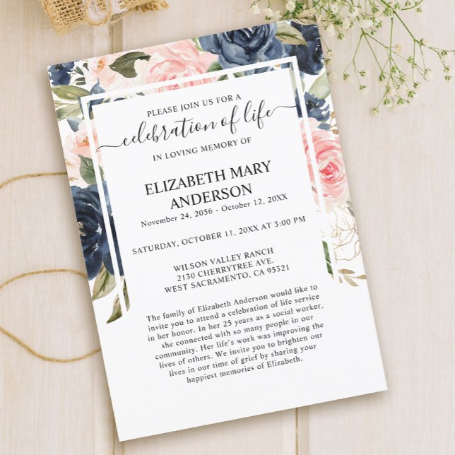 Celebration of Life Funeral Memorial Pink Navy Invitation (Creator Uploaded)