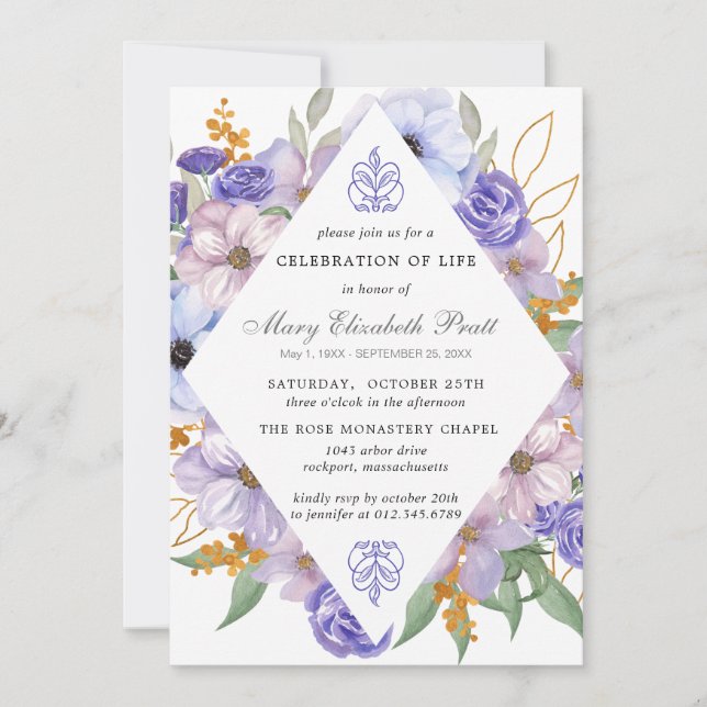 Celebration of Life Funeral Memorial Purple Floral Invitation (Front)