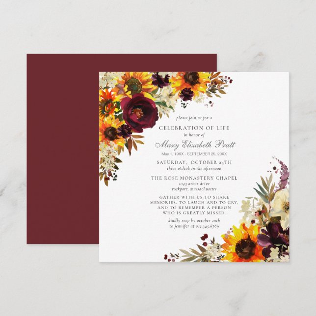 Celebration of Life Funeral Memorial Sunflower Invitation (Front/Back)