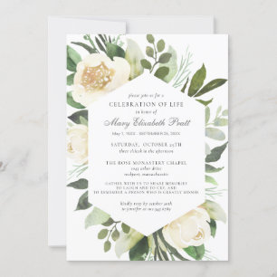 Celebration of Life Funeral Memorial White Floral  Invitation