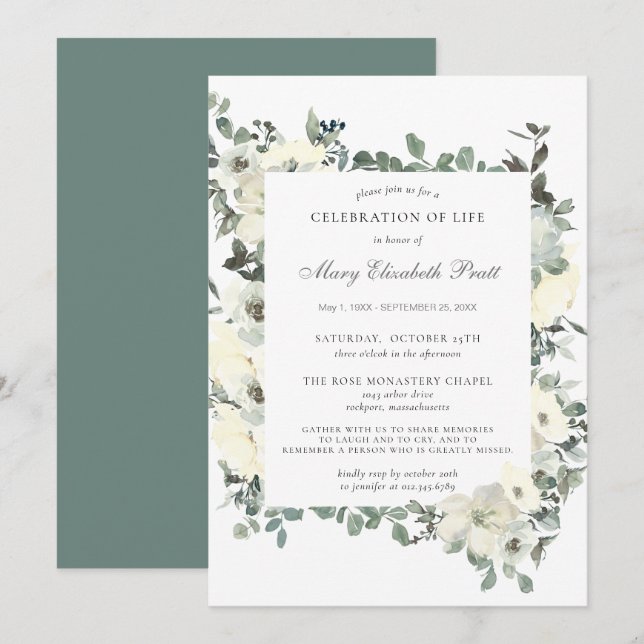 Celebration of Life Funeral Memorial White Floral Invitation (Front/Back)