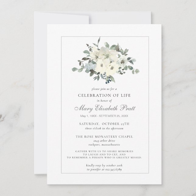 Celebration of Life Funeral Memorial White Floral Invitation (Front)
