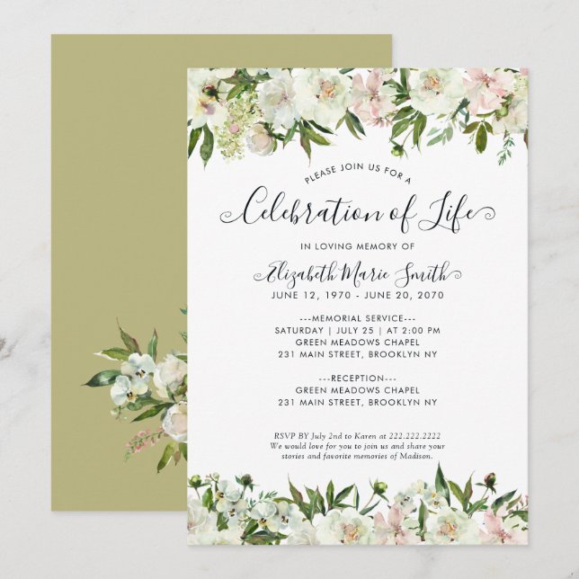 Celebration of Life Funeral Memorial White Floral  Invitation (Front/Back)