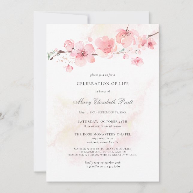 Celebration of Life Funeral Photo Pink Floral Invi Invitation (Front)
