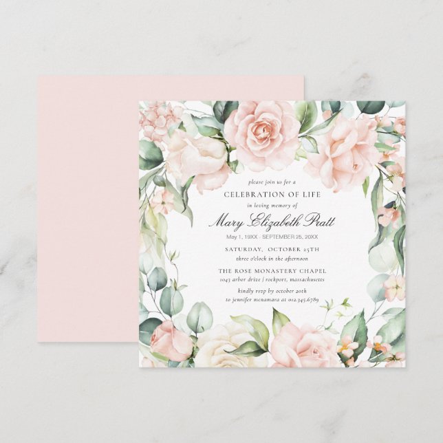Celebration of Life Funeral Photo Pink Rose Floral Invitation (Front/Back)