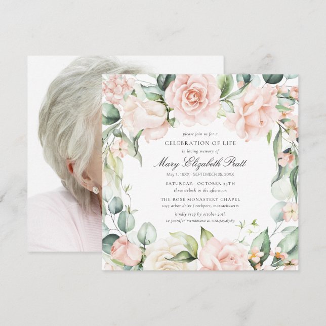 Celebration of Life Funeral Photo Pink Rose Floral Invitation (Front/Back)