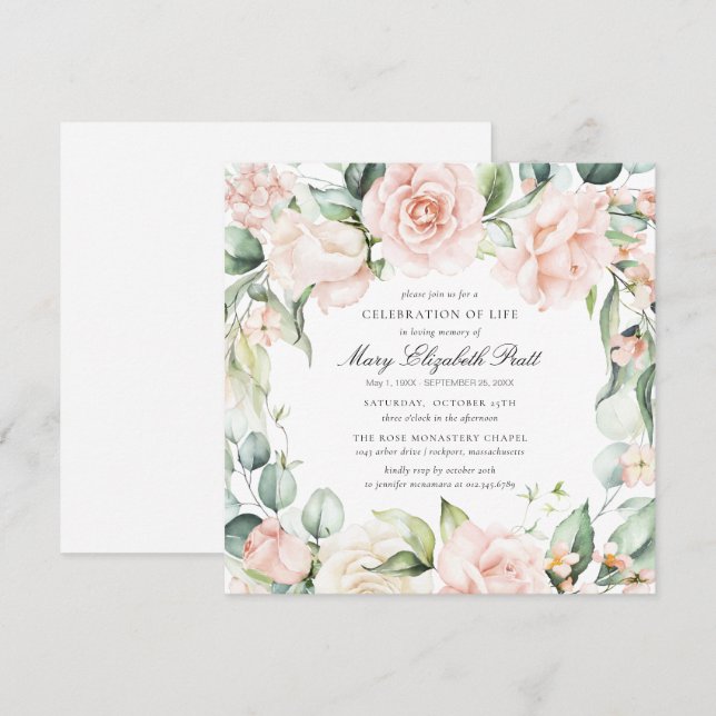 Celebration of Life Funeral Photo Pink Rose Floral Invitation (Front/Back)
