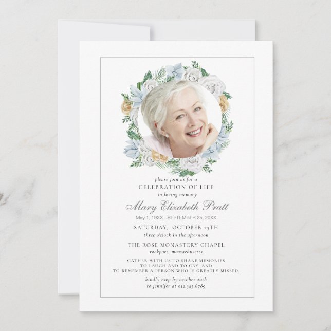Celebration of Life Funeral  Photo White Floral Invitation (Front)