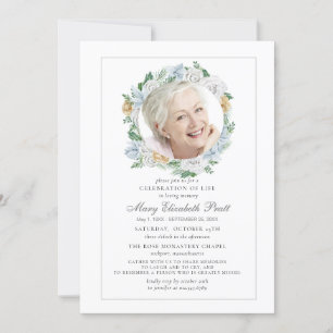Celebration of Life Funeral  Photo White Floral Invitation