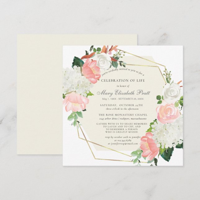 Celebration of Life Funeral Pink White Rose Floral Invitation (Front/Back)