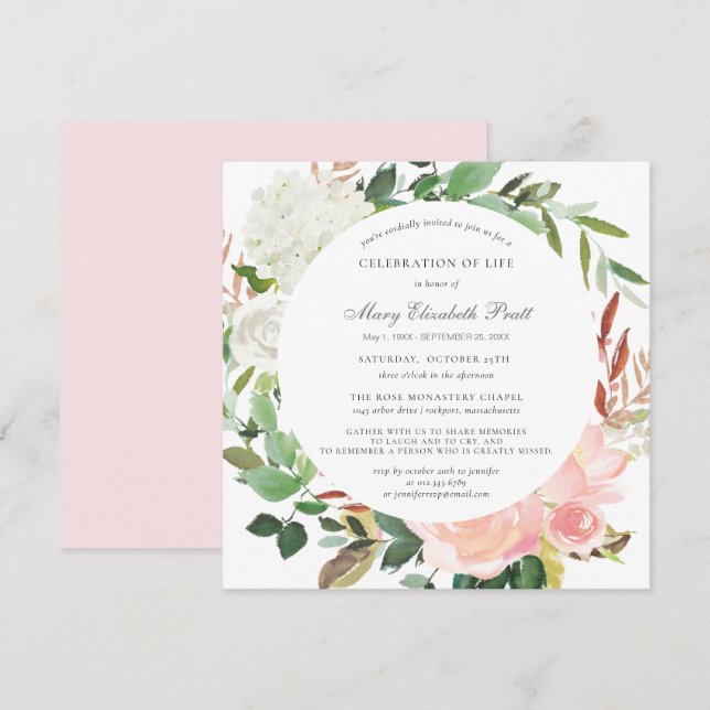 Celebration of Life Funeral Pink White Rose Floral Invitation (Front/Back)