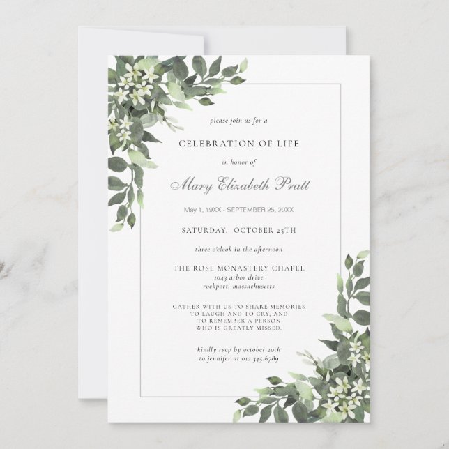 Celebration of Life Funeral White Floral Greenery Invitation (Front)