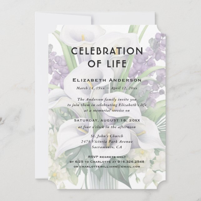 Celebration of Life Funeral White Purple Floral Invitation (Front)