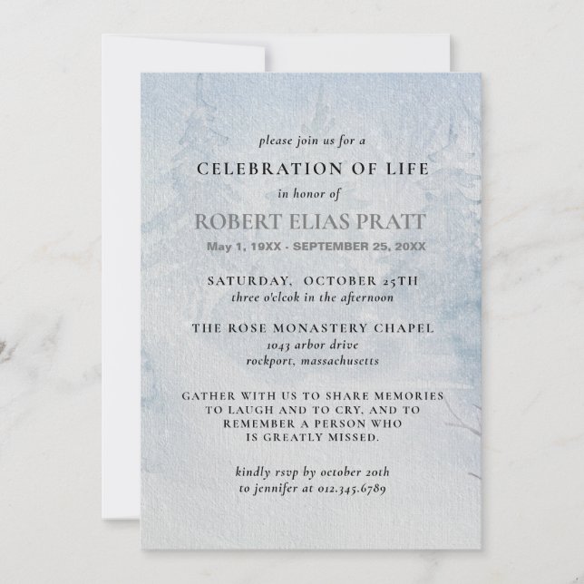 Celebration of Life Funeral Winter Trees Landscape Invitation (Front)