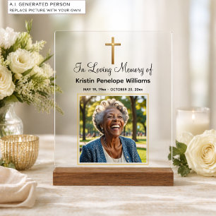 Celebration Of Life Gold Cross Photo Funeral Acrylic Sign