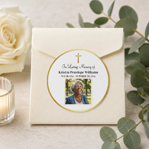 Celebration Of Life Gold Cross Photo Funeral Classic Round Sticker