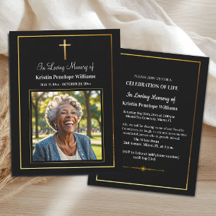 Celebration Of Life Gold Cross Photo Funeral Invitation