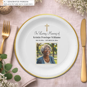 Celebration Of Life Gold Cross Photo Funeral Paper Plate
