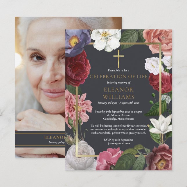 Celebration of Life Gold Cross Rose Floral Photo Announcement Postcard (Front/Back)