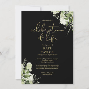 Celebration of Life Greenery Floral Black And Gold Invitation