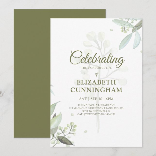Celebration of Life Greenery Foliage Botanicals Invitation (Front/Back)