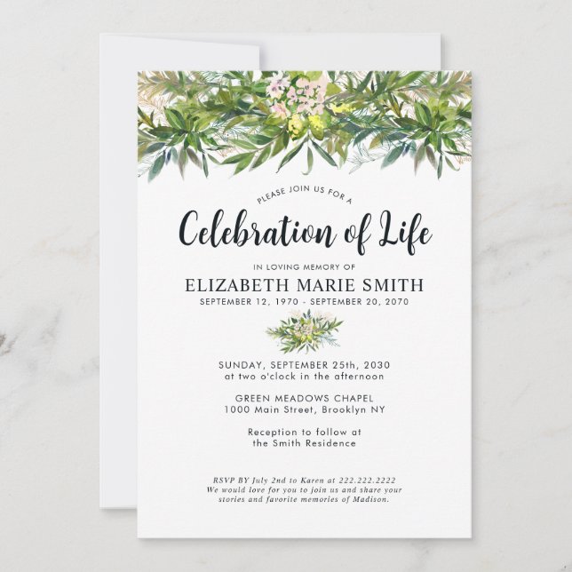 Celebration of Life Greenery Funeral Memorial Invitation (Front)