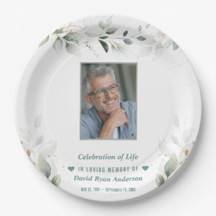 Celebration of Life Greenery Man Photo Memorial Paper Plate