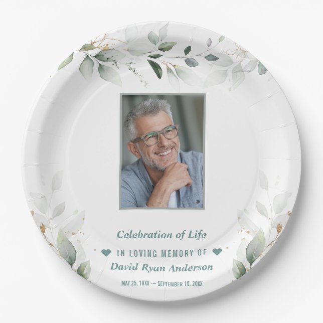 Celebration of Life Greenery Man Photo Memorial   Paper Plate (Front)