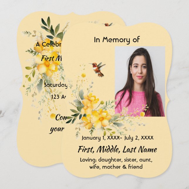 Celebration of Life  Hummingbird Yellow Roses  Invitation (Front/Back)