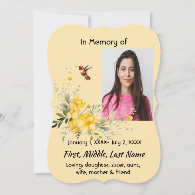 Celebration of Life  Hummingbird Yellow Roses  Invitation (Front)