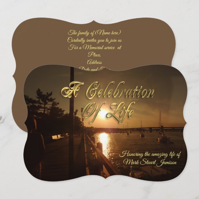 Celebration of life invitation boats in harbour (Front/Back)