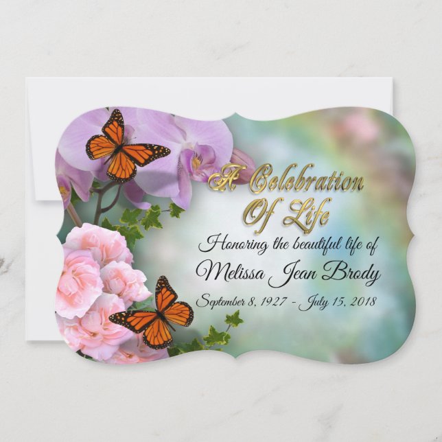 Celebration of life Invitation butterflies orchids (Front)