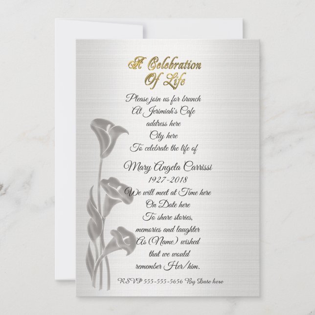 Celebration of life Invitation Calla lilies (Front)