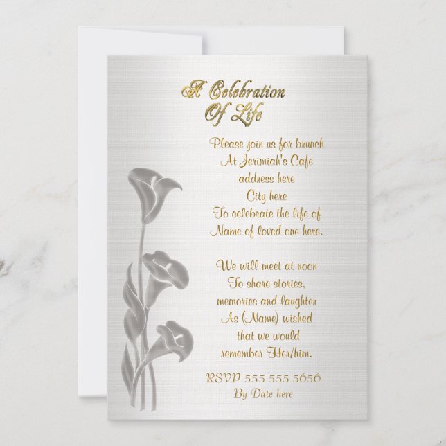 Celebration of life Invitation Calla lilies (Front)