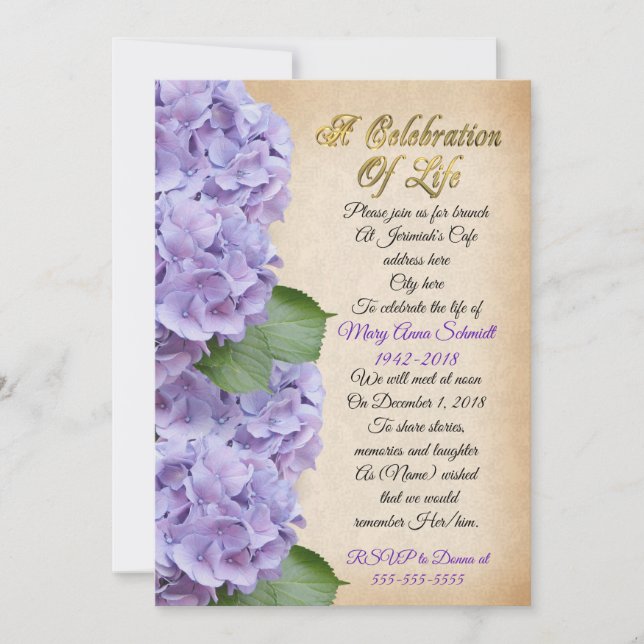 Celebration of life Invitation hydrangea (Front)