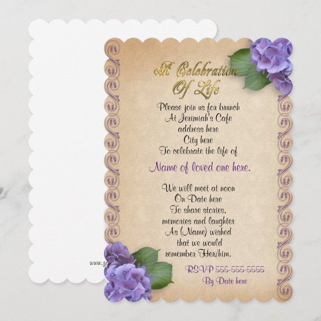 Celebration of life Invitation hydrangea floral (Front/Back)