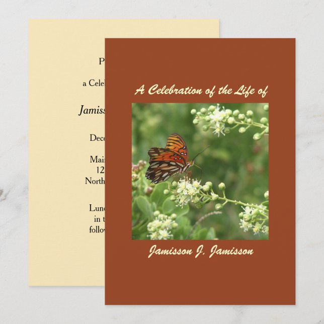 Celebration of Life Invitation, Orange Butterfly Invitation (Front/Back)