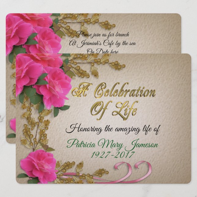 Celebration of life Invitation pink roses (Front/Back)