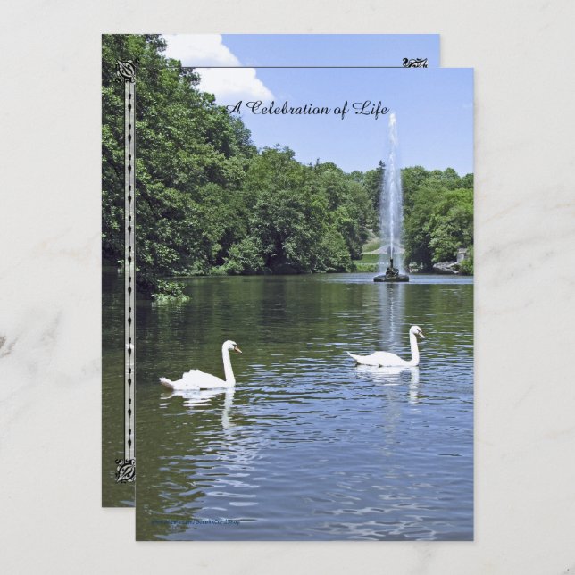 Celebration of Life Invitation, Swans and Fountain Invitation (Front/Back)