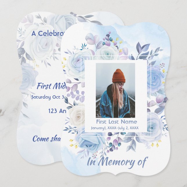 Celebration of Life Invite Hummingbird Blue Roses  (Front/Back)