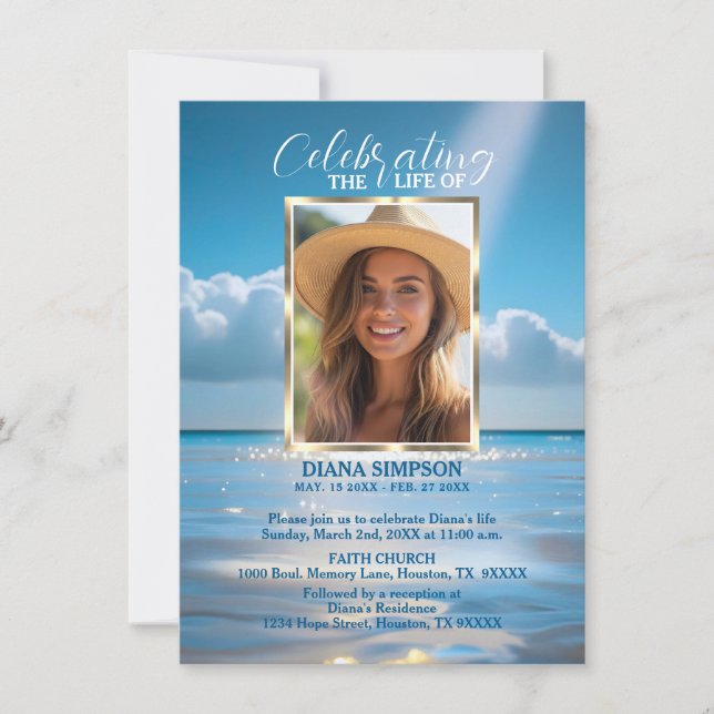 Celebration of Life Memorial Beach Ocean & Poem Invitation (Front)