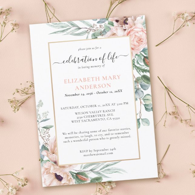 Celebration of Life Memorial Blush Pink Floral Invitation (Creator Uploaded)