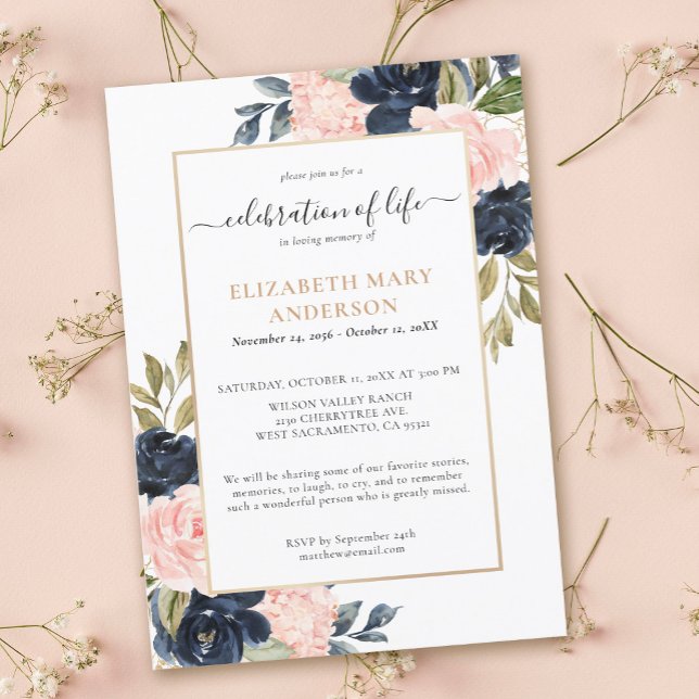 Celebration of Life Memorial Pink Navy Blue Gold Invitation (Creator Uploaded)