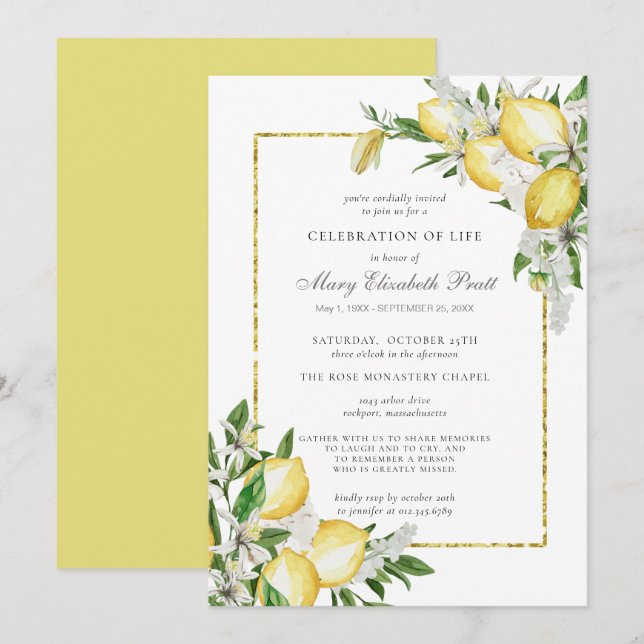Celebration of Life Memorial Service Lemon Invitat Invitation (Front/Back)