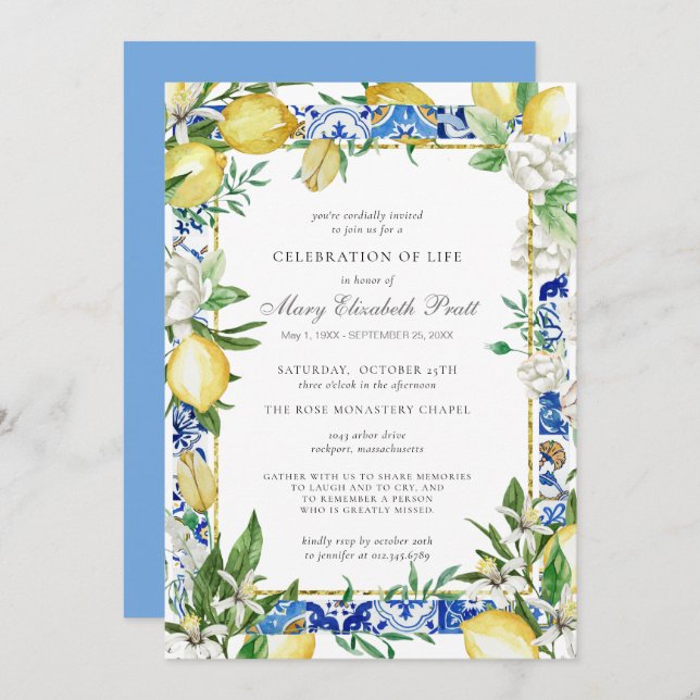 Celebration of Life Memorial Service Lemon Invitation (Front/Back)