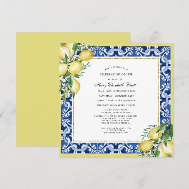 Celebration of Life Memorial Service Lemon Square Invitation (Front/Back)