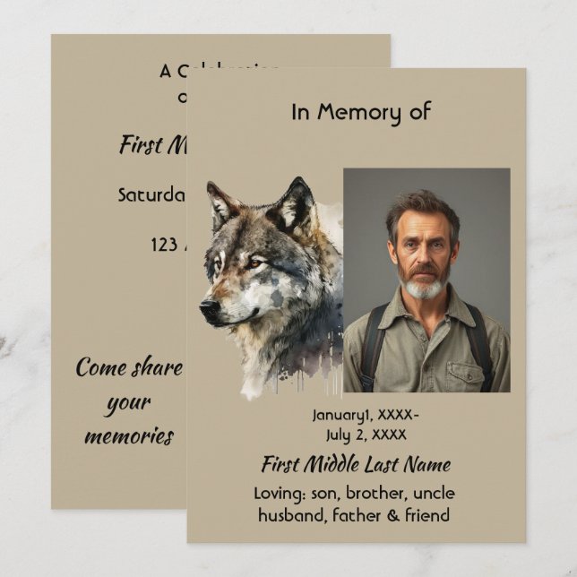 Celebration of Life Memorial Wolf Art Invitation (Front/Back)