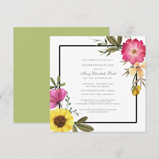 Celebration of Life Modern Boho Pink Yellow Floral Invitation (Front/Back)